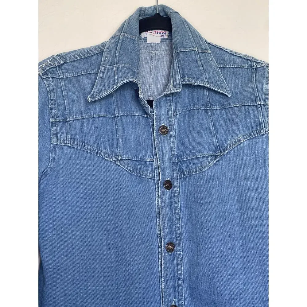 VTG Denim Shirt Jacket 80s Butterfly collar Festival Western Cowgirl Country‎